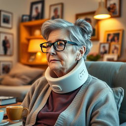 An elderly woman with gray hair styled in a neat bun, wearing stylish glasses that highlight her thoughtful expression