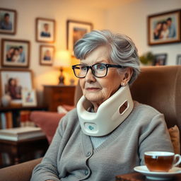 An elderly woman with gray hair styled in a neat bun, wearing stylish glasses that highlight her thoughtful expression