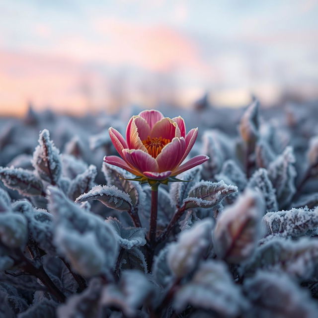 An evocative scene illustrating the bittersweet moment of longing and missed opportunities, symbolized by a flower blooming only after frost has set in