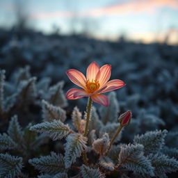 An evocative scene illustrating the bittersweet moment of longing and missed opportunities, symbolized by a flower blooming only after frost has set in