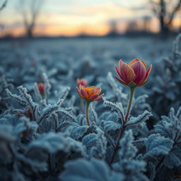 An evocative scene illustrating the bittersweet moment of longing and missed opportunities, symbolized by a flower blooming only after frost has set in