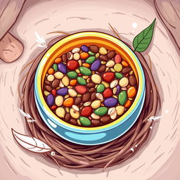 A cartoonish illustration of a bowl filled with colorful bird food, including seeds, nuts, and grains, designed to be placed in a bird's nest
