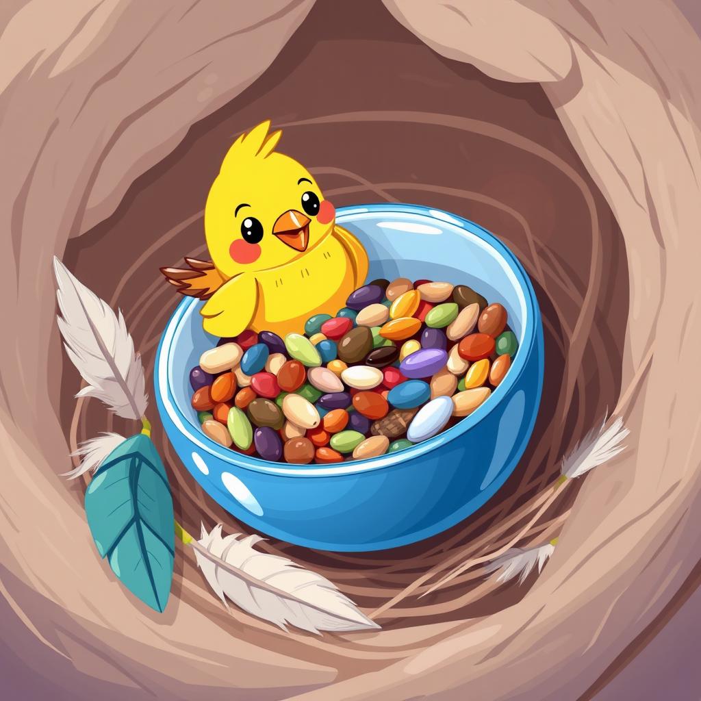 A cartoonish illustration of a bowl filled with colorful bird food, including seeds, nuts, and grains, designed to be placed in a bird's nest