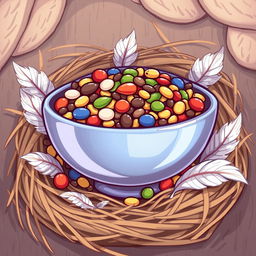 A cartoonish illustration of a bowl filled with colorful bird food, including seeds, nuts, and grains, designed to be placed in a bird's nest