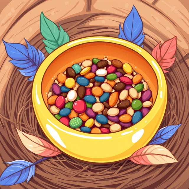 A cartoonish illustration of a bowl filled with colorful bird food, including seeds, nuts, and grains, designed to be placed in a bird's nest