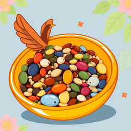 A cartoonish illustration of a bowl filled with various colorful seeds
