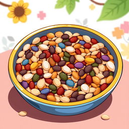 A cartoonish illustration of a bowl filled with various colorful seeds