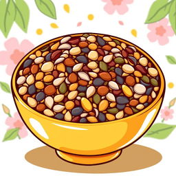 A cartoonish illustration of a bowl filled with various colorful seeds