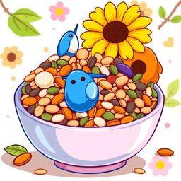 A cartoonish illustration of a bowl filled with various colorful seeds