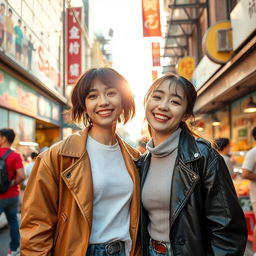 A joyful scene featuring you and Korean actor Jo Yuri together in a vibrant city setting