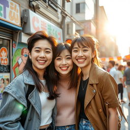 A joyful scene featuring you and Korean actor Jo Yuri together in a vibrant city setting