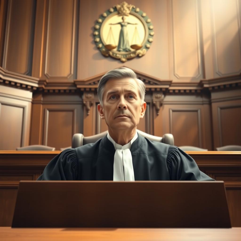 An courtroom scene depicting a supreme court judge with a dignified and authoritative expression, wearing traditional judicial robes, sitting at a grand mahogany bench