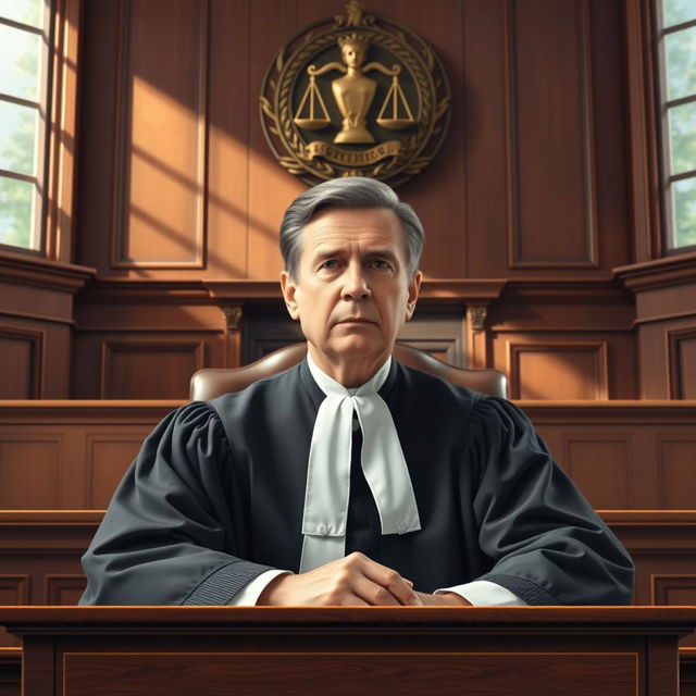 An courtroom scene depicting a supreme court judge with a dignified and authoritative expression, wearing traditional judicial robes, sitting at a grand mahogany bench