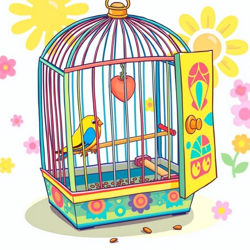 A cartoonish illustration of a colorful birdcage, intricately designed with whimsical patterns