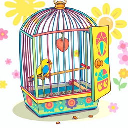 A cartoonish illustration of a colorful birdcage, intricately designed with whimsical patterns