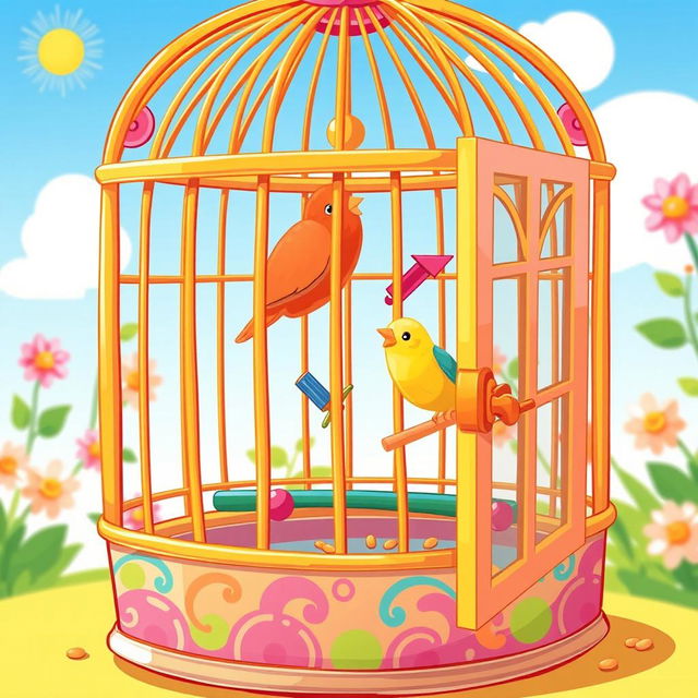 A cartoonish illustration of a colorful birdcage, intricately designed with whimsical patterns