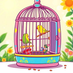 A cartoonish illustration of a colorful birdcage, intricately designed with whimsical patterns