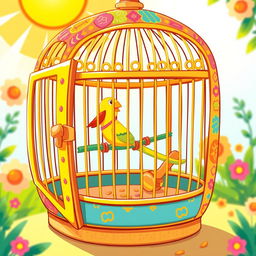 A cartoonish illustration of a colorful birdcage, intricately designed with whimsical patterns