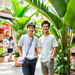 A vibrant outdoor scene featuring a young individual standing confidently with their hands in their pockets, wearing a casual white t-shirt and black pants, and a light purple shoulder bag