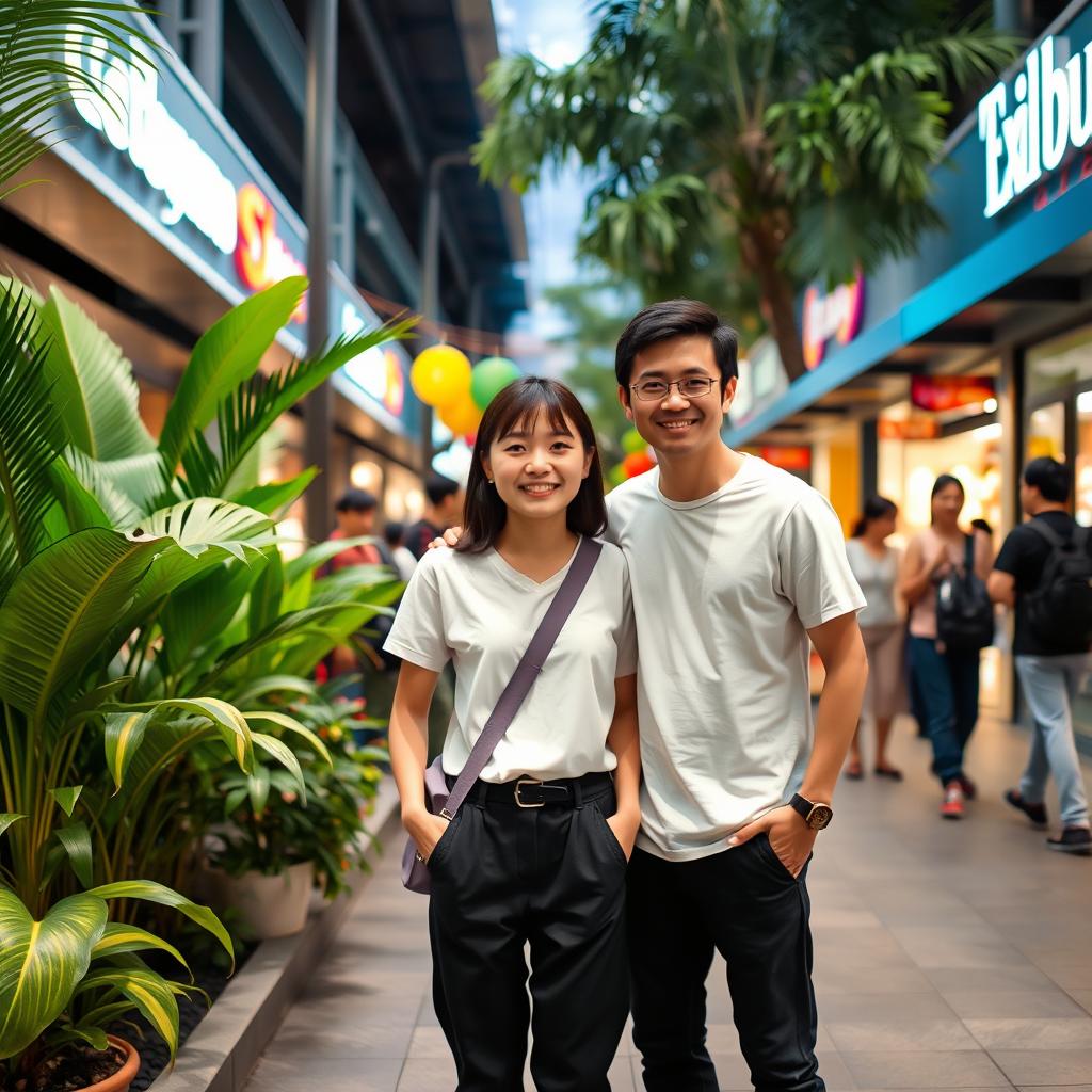 A vibrant outdoor scene featuring a young individual standing confidently with their hands in their pockets, wearing a casual white t-shirt and black pants, and a light purple shoulder bag