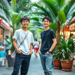 A vibrant outdoor scene featuring a young individual standing confidently with their hands in their pockets, wearing a casual white t-shirt and black pants, and a light purple shoulder bag