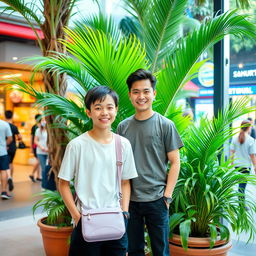A vibrant outdoor scene featuring a young individual standing confidently with their hands in their pockets, wearing a casual white t-shirt and black pants, and a light purple shoulder bag