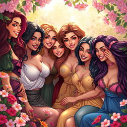 A vibrant and colorful depiction of a lesbian harem, featuring multiple beautiful women with diverse hairstyles and outfits