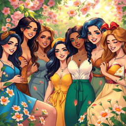 A vibrant and colorful depiction of a lesbian harem, featuring multiple beautiful women with diverse hairstyles and outfits