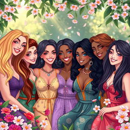 A vibrant and colorful depiction of a lesbian harem, featuring multiple beautiful women with diverse hairstyles and outfits