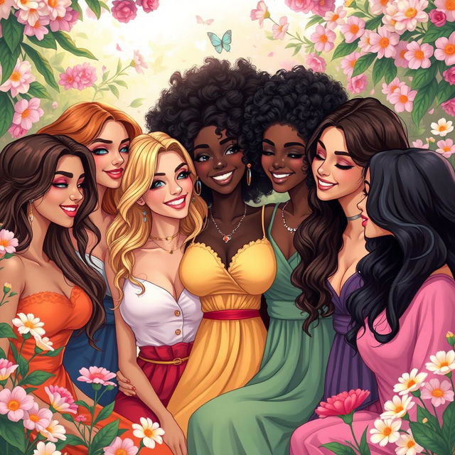 A vibrant and colorful depiction of a lesbian harem, featuring multiple beautiful women with diverse hairstyles and outfits