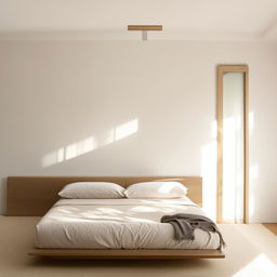 A chic minimalist bedroom with a bed situated on the floor, crisply made with soft, inviting linens, positioned underneath a small, tastefully framed window on the right wall, letting in a gentle stream of daylight.