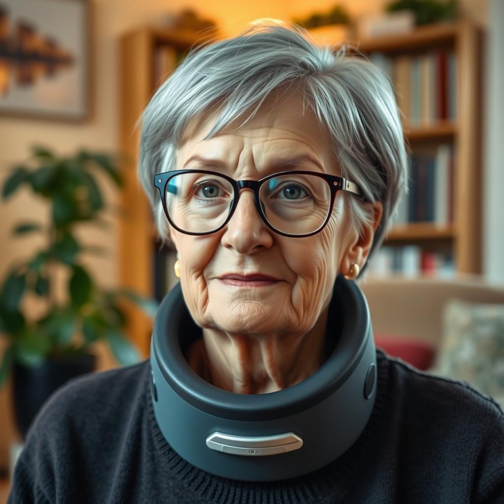 An elderly woman with short grey hair styled in a neat bob, wearing stylish eyeglasses that accentuate her wise expression