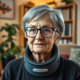 An elderly woman with short grey hair styled in a neat bob, wearing stylish eyeglasses that accentuate her wise expression