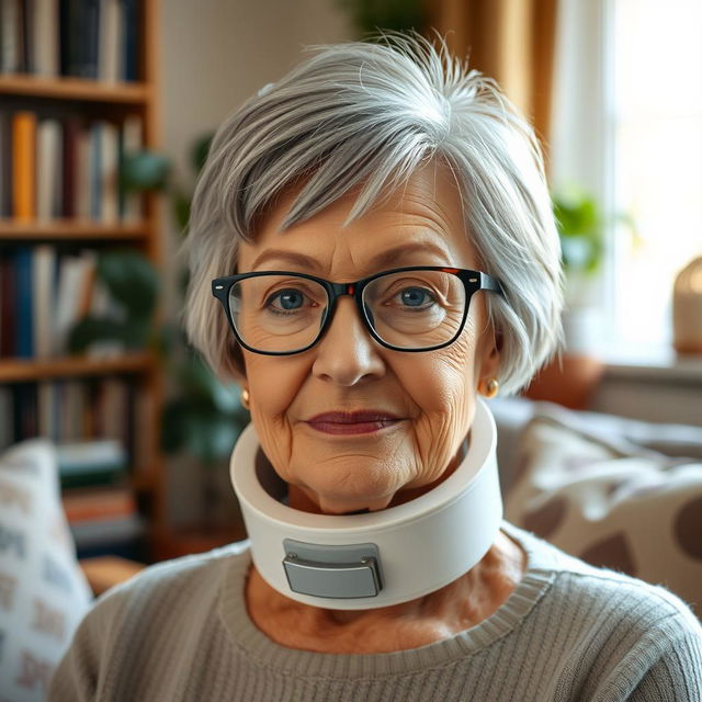 An elderly woman with short grey hair styled in a neat bob, wearing stylish eyeglasses that accentuate her wise expression