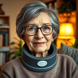 An elderly woman with short grey hair styled in a neat bob, wearing stylish eyeglasses that accentuate her wise expression
