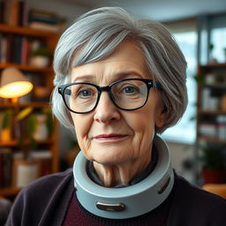 An elderly woman with short grey hair styled in a neat bob, wearing stylish eyeglasses that accentuate her wise expression