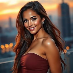 A stunningly beautiful woman with an alluring smile, captivating eyes, and an elegant posture