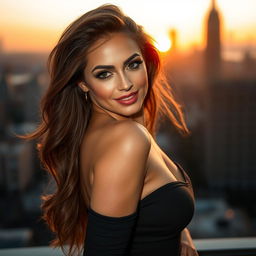 A stunningly beautiful woman with an alluring smile, captivating eyes, and an elegant posture
