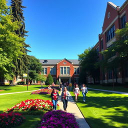 A beautiful school campus, featuring a large, historic brick building with large windows and an inviting entrance