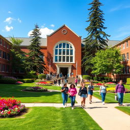 A beautiful school campus, featuring a large, historic brick building with large windows and an inviting entrance