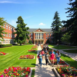 A beautiful school campus, featuring a large, historic brick building with large windows and an inviting entrance