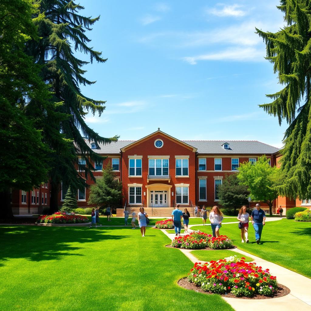 A beautiful school campus, featuring a large, historic brick building with large windows and an inviting entrance