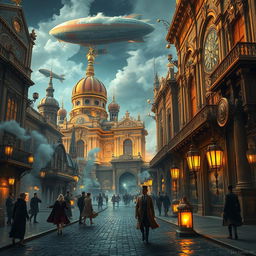 A stunning blend of Byzantine architecture and steampunk aesthetics, featuring grand, ornate buildings adorned with intricate mosaics and brass gears