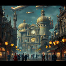 A stunning blend of Byzantine architecture and steampunk aesthetics, featuring grand, ornate buildings adorned with intricate mosaics and brass gears