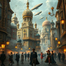 A stunning blend of Byzantine architecture and steampunk aesthetics, featuring grand, ornate buildings adorned with intricate mosaics and brass gears
