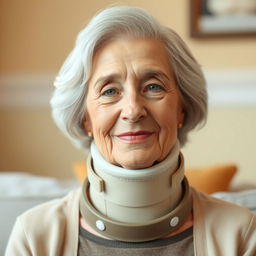 An elderly fine lady with a graceful appearance, wearing a tightly fitting medical cervical collar that elegantly supports her neck