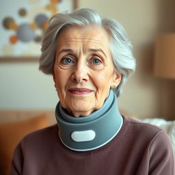 An elderly fine lady with a graceful appearance, wearing a tightly fitting medical cervical collar that elegantly supports her neck