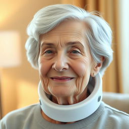 An elderly fine lady with a graceful appearance, wearing a tightly fitting medical cervical collar that elegantly supports her neck