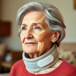 An elderly fine lady with a graceful appearance, wearing a tightly fitting medical cervical collar that elegantly supports her neck
