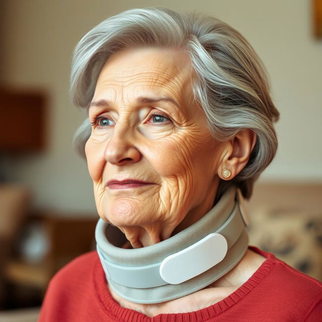 An elderly fine lady with a graceful appearance, wearing a tightly fitting medical cervical collar that elegantly supports her neck